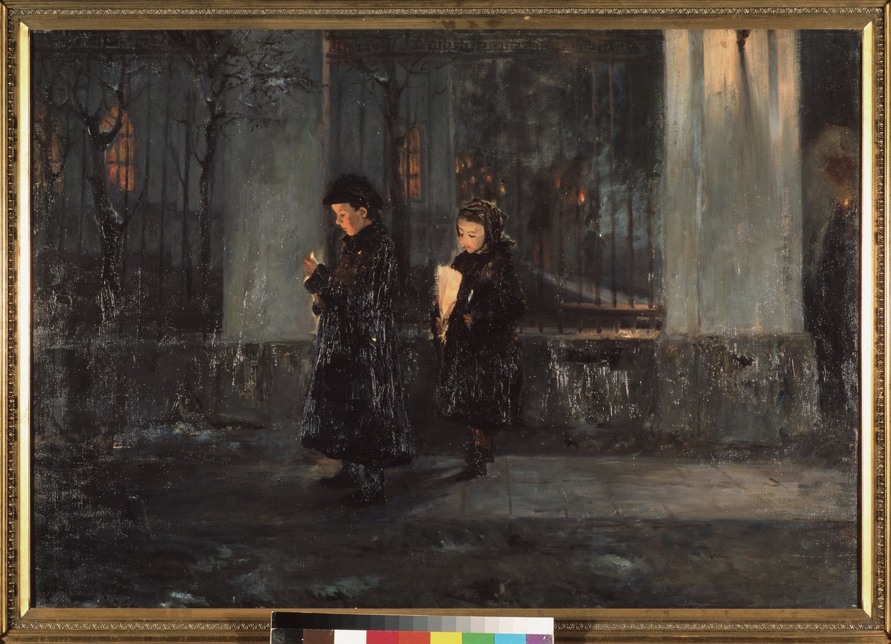 hellig torsdag. To små piger holder stearinlys om aftenen på vej til kirken til påskefejring. Maleri af Alexei Nikolaievich Ostrogradsky (1867-1943), olie på lærred af Alexei Nikolayevich Ostrogradsky