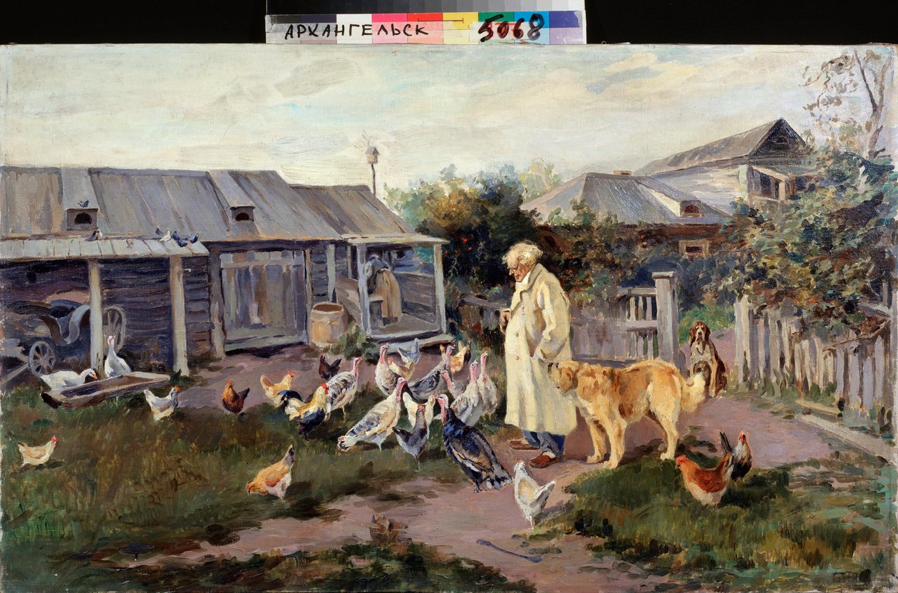 Morgenhilsen - Farmyard Animals Surround a Farmer - Maleri af Alexei Stepanovich Stepanov (1858-1923), olie på lærred, slutningen af ​​1890, russisk kunst af Alexei Steipanovitch Stepanov