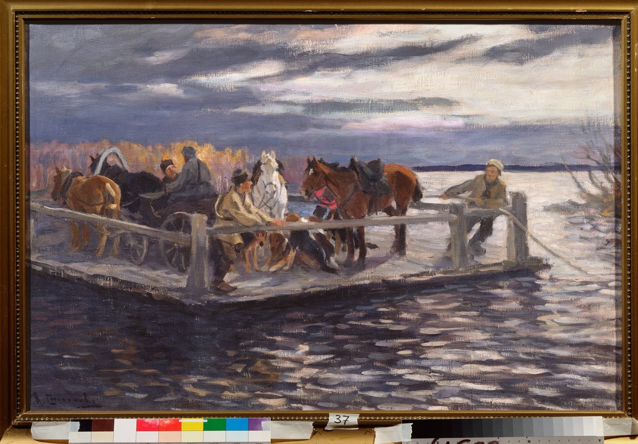 Un vat (A Ferry) - Maleri af Alexei Stepanovich Stepanov (1858-1923), olie på lærred, ca. 1900 - Russisk kunst, begyndelsen af ​​det 20. århundrede - Statens friluftsmuseum Rostov Kreml, Rostov (Rusland) af Alexei Steipanovitch Stepanov