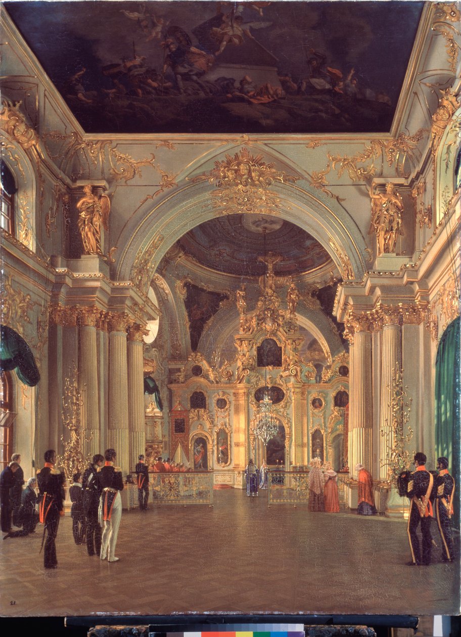 Interiør af den store kirke i vinterpaladset - Maleri af Alexei Vasilyevich Tyranov (1808-1859), olie på lærred, russisk kunst 1800-tallet - State Hermitage, Sankt Petersborg af Alexei Vasilievich Tyranov