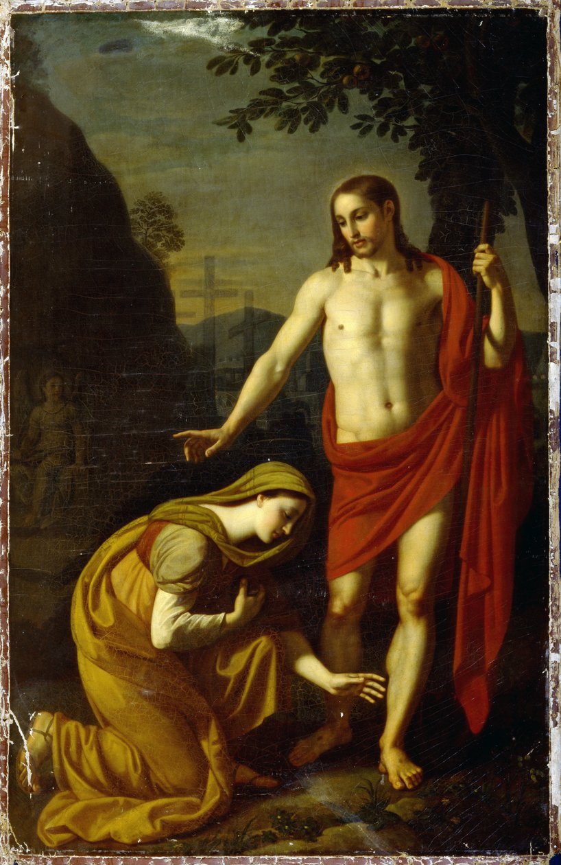 Noli Me Tangere. (Rør mig ikke). Ord fra Jesus under hans opstandelse, rettet til Maria de Magdala (Mary Magdalen), i baggrunden torturkorsene på Golgata-bjerget. Maleri af Alexei Yegorovich Yegorov (1776-1851), olie på lærred af Alexei Yegorovich Yegorov