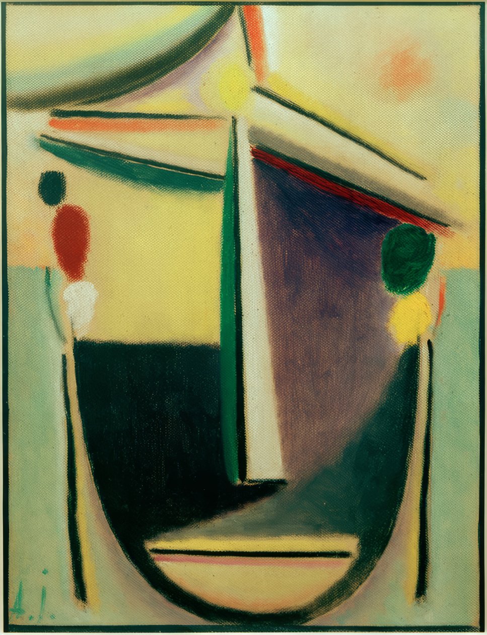 Abstrakt hoved: sort-gul-lilla af Alexej von Jawlensky