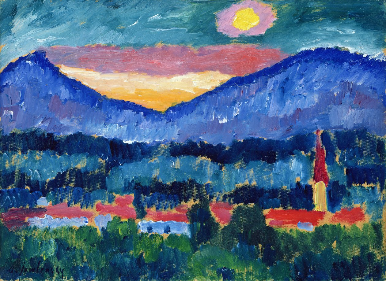 Mountain Village, 1910 (olie på karton) af Alexej von Jawlensky