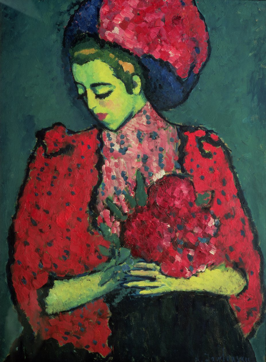 Ung pige med pæoner, 1909 af Alexej von Jawlensky