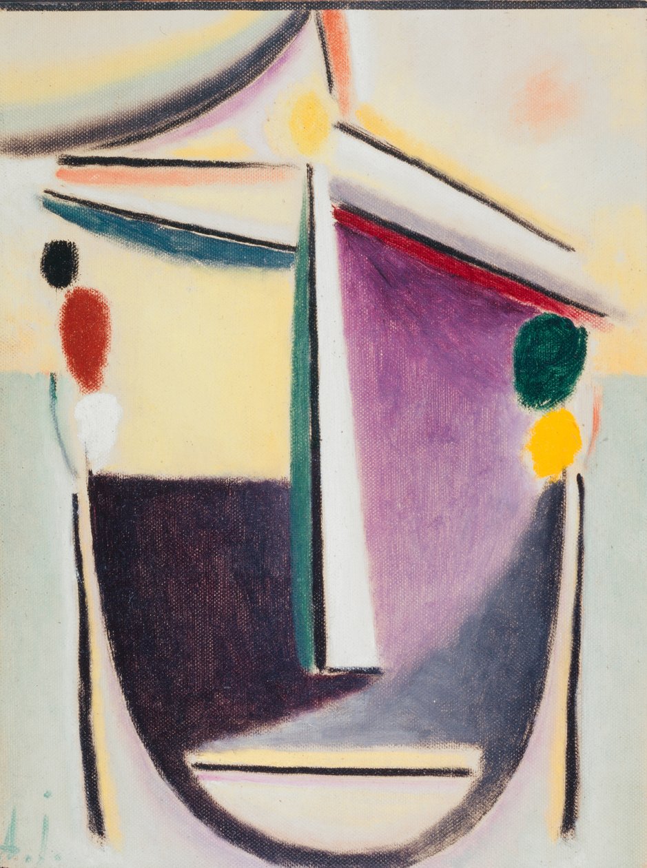 Abstrakt hoved: Sort-gul-lilla, ca. 1922 (olie på pap) af Alexej von Jawlensky
