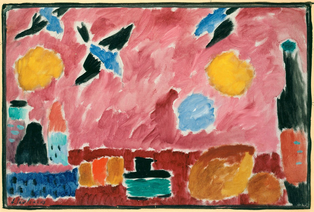 Med rødt svalemønstret tapet - Maleri af Alexei von Javlensky (1864-1941), olie på pap af Alexej von Jawlensky