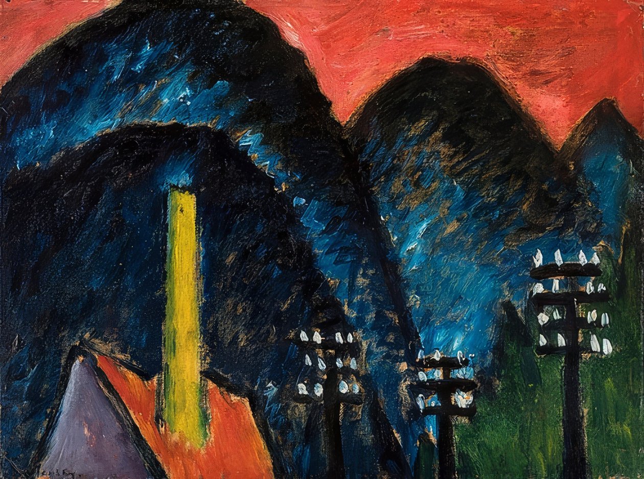 Blå bjerge (landskab med gul skorsten). 1912 af Alexej von Jawlensky