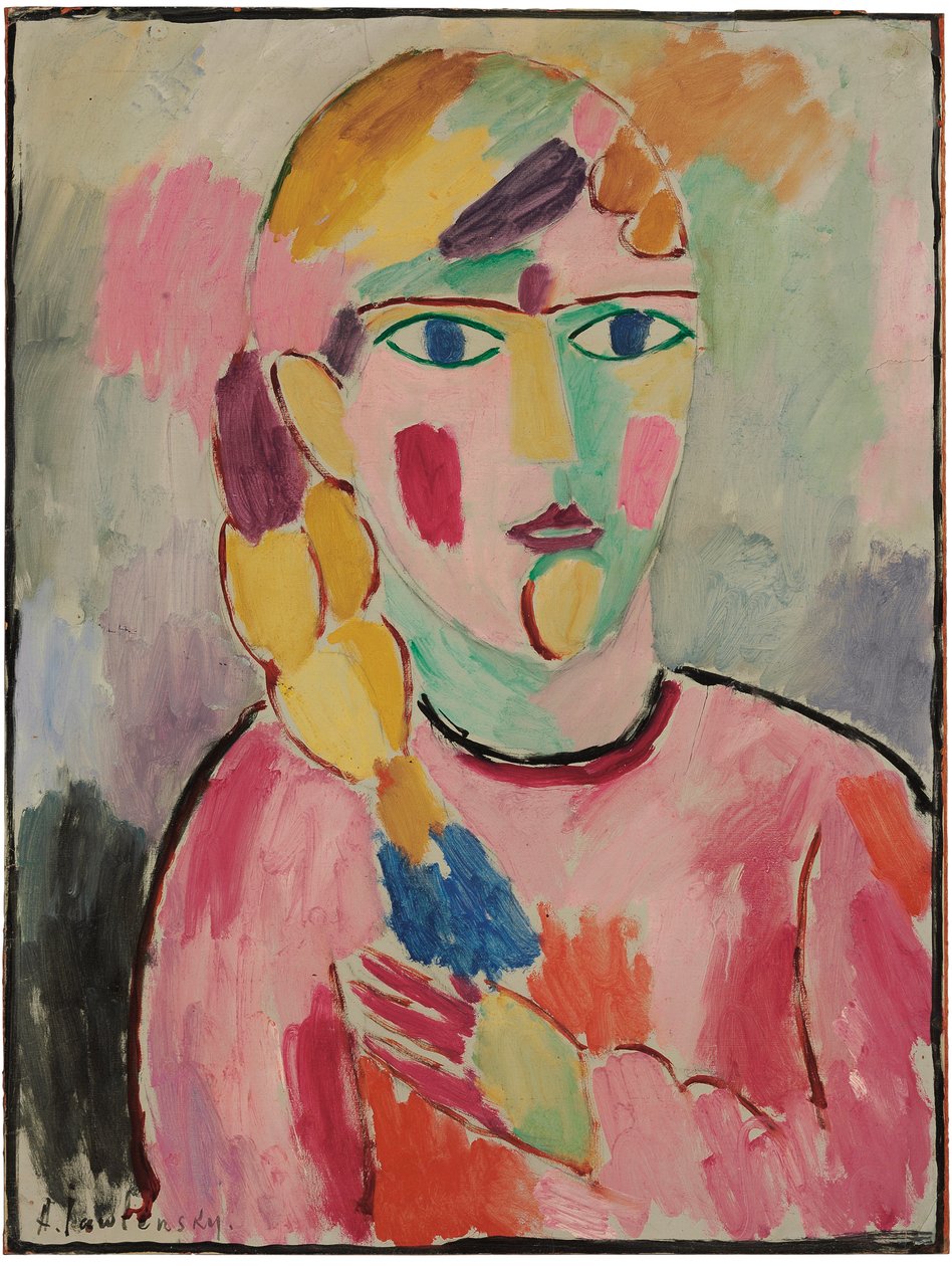Pige med blå øjne og en hestehale; Pige med blå øjne og en pigtail, ca. 1916 af Alexej von Jawlensky