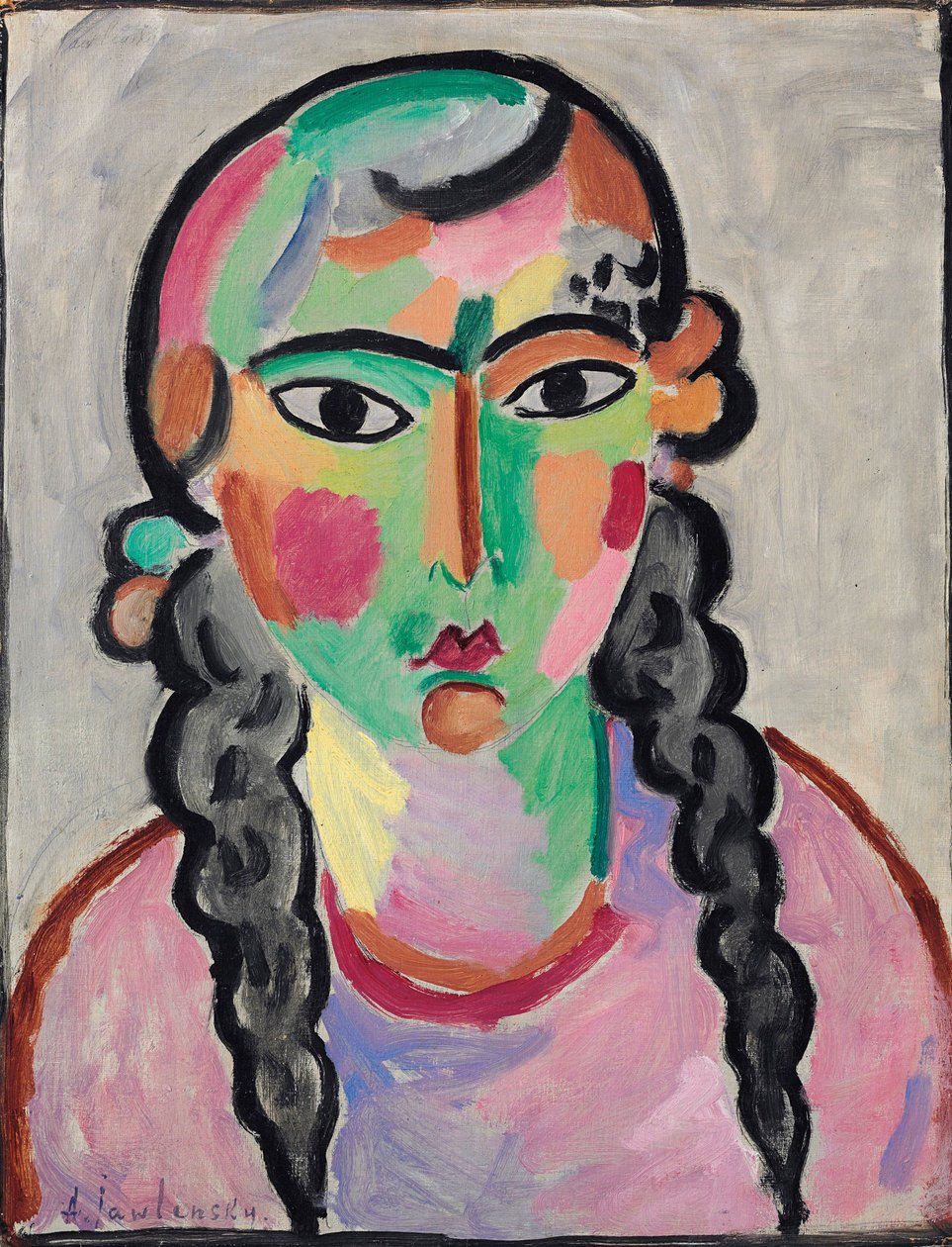 La fille pale aux tresses grises - The Pale Girl with Grey Pigtails, af Alexej von Jawlensky (Javlensky) (1864-1941). Olie på papir, ca. 1916. Mål : 63,5x49,5 cm. Privat samling af Alexej von Jawlensky