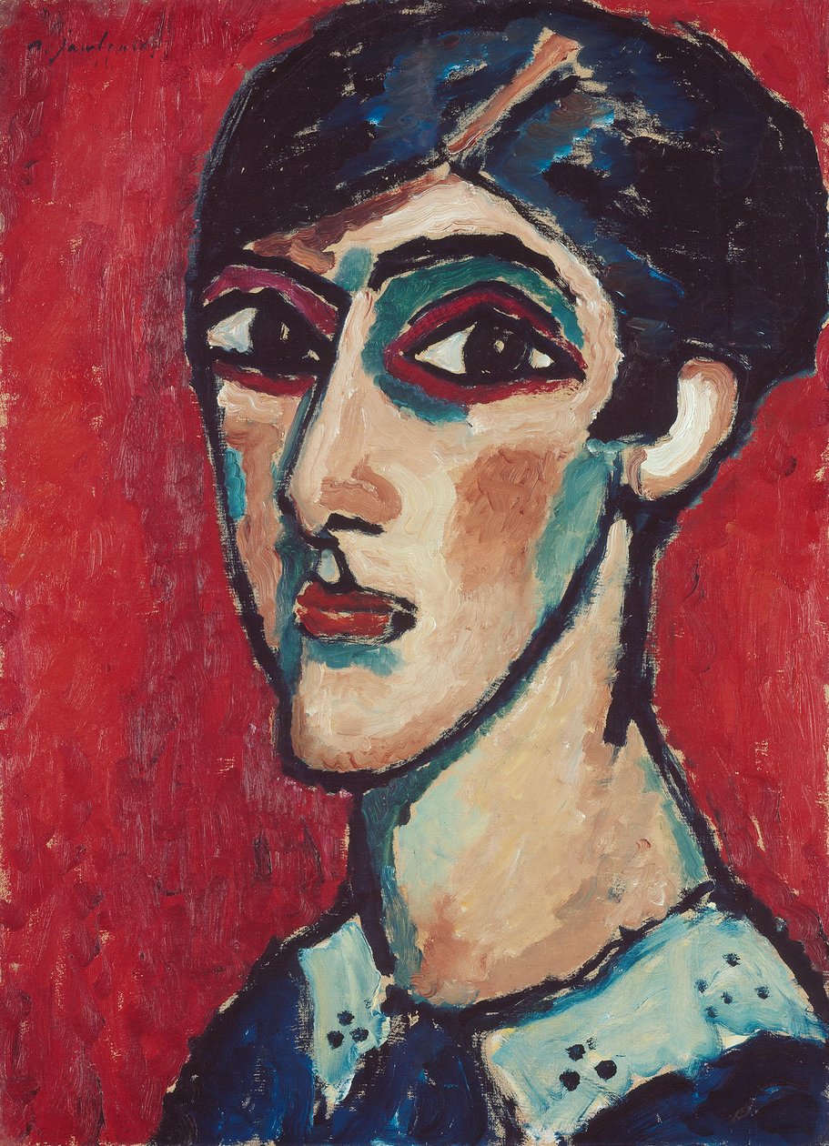 Langstrakt hoved i brunrødt (Stort kvindehoved på rødt) af Alexej von Jawlensky