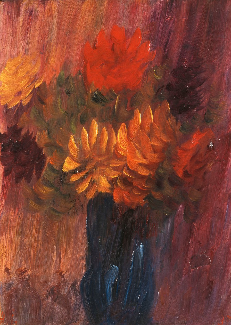 Stort stilleben: Rød og gul Dahlia; Stort stilleben: røde og gule dahliaer, 1937 af Alexej von Jawlensky