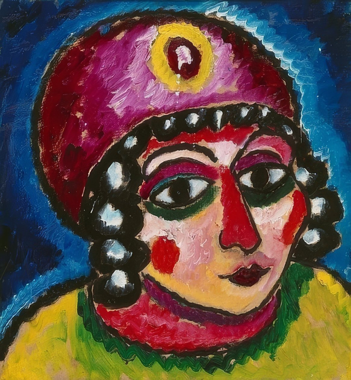 Pigehoved med rød turban og gul agraffe (barbarprinsesse). Omkring 1912 af Alexej von Jawlensky