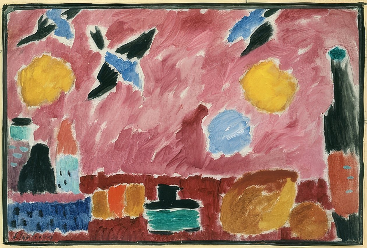 Med rødt sveltapet (stilleben med flaske, brød og rødt svaltapet). 1915 af Alexej von Jawlensky