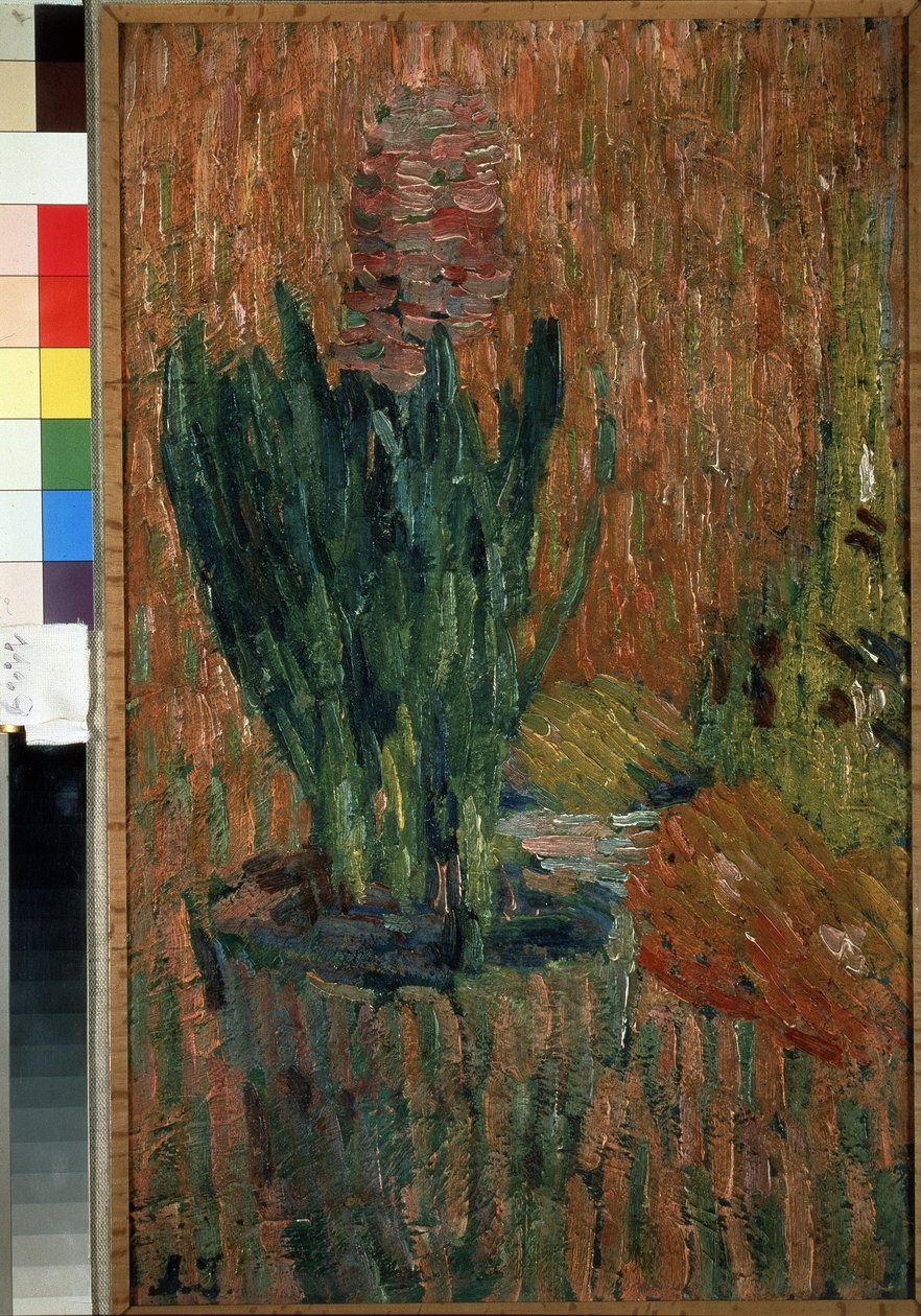Nature morte (stilleben). Potteblomst på et bordhjørne. Værk af Alexei von Javlensky (Alexi von Jawlensky, Alexej von Javlenski) (1864-1941), olie på pap af Alexej von Jawlensky