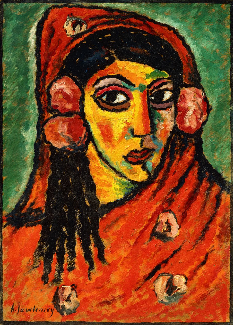 Spansk pige med rødt tørklæde; Spansk kvinde med rødt sjal, ca. 1912 af Alexej von Jawlensky