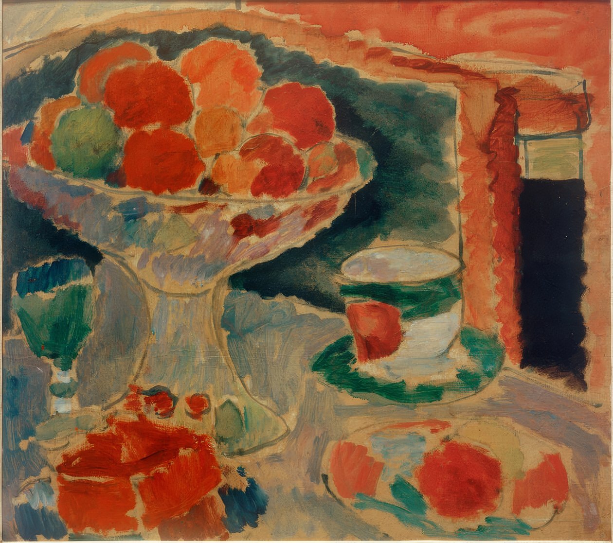Stilleben med frugtskål, bøhmisk glas og empirestil kop (Stilleben med frugtskål, bøhmisk glas og empirestil kop) af Alexej von Jawlensky