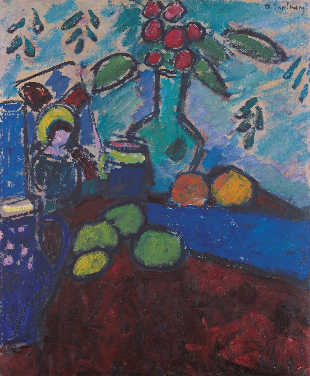 Stilleben med omvendt glasmaleri, grøn vase og frugt af Alexej von Jawlensky