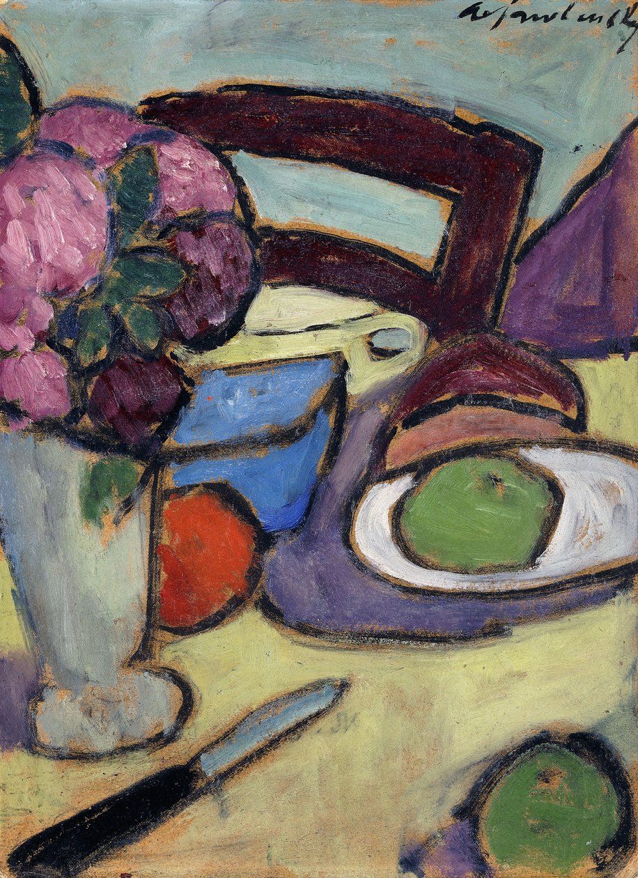 Stilleben med stol og buket; Stilleben med stol og blomstergade, 1906 af Alexej von Jawlensky