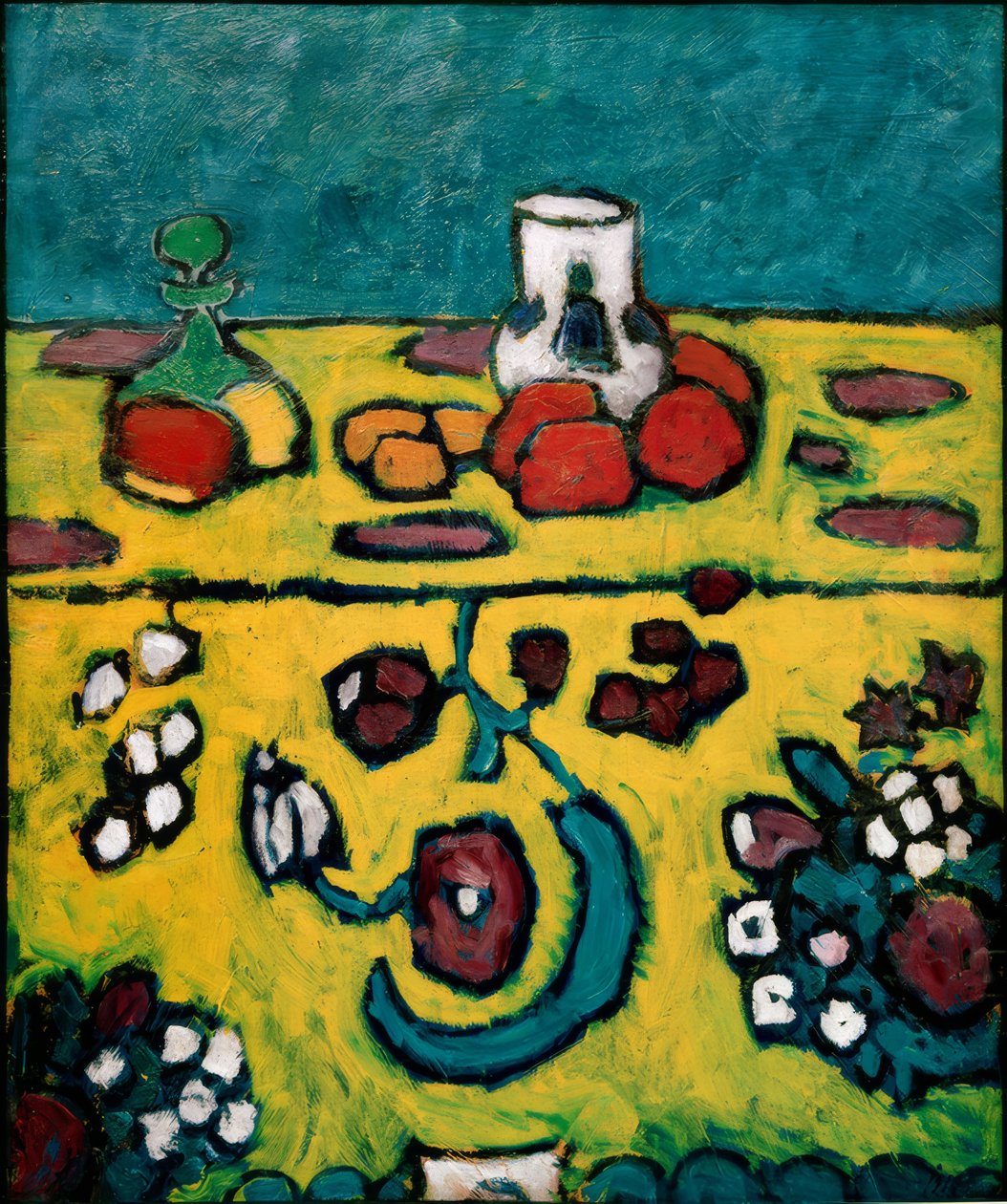 Stilleben med farverigt tæppe af Alexej von Jawlensky