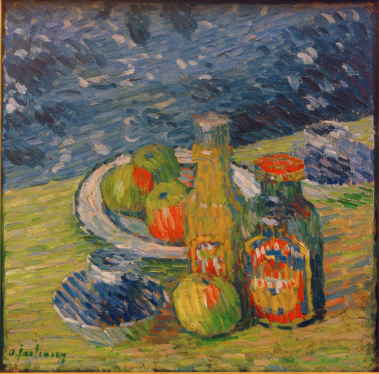 Stilleben med flasker, skål med frugt og kop af Alexej von Jawlensky