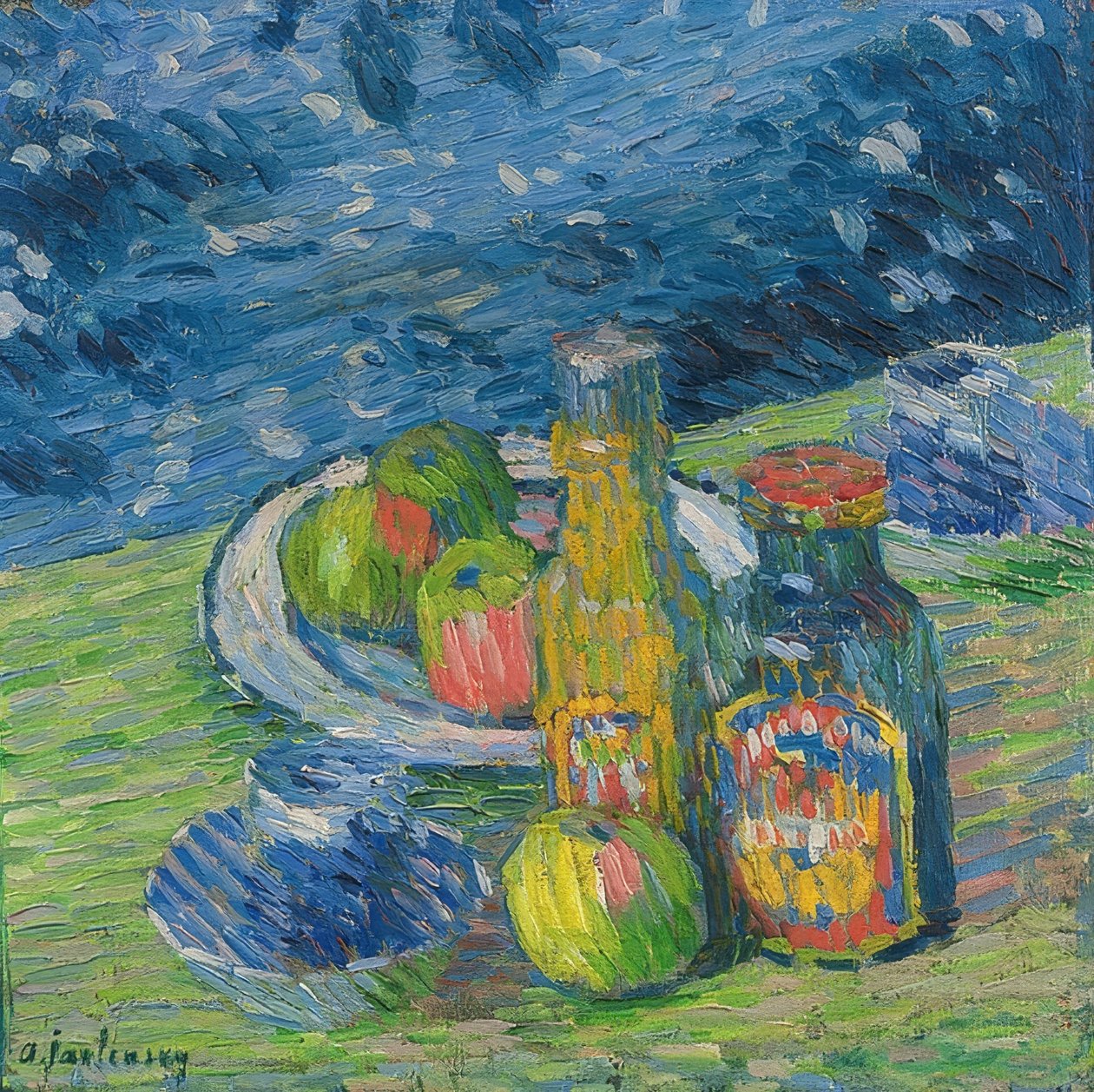 Stilleben med flasker og frugter. 1900 af Alexej von Jawlensky
