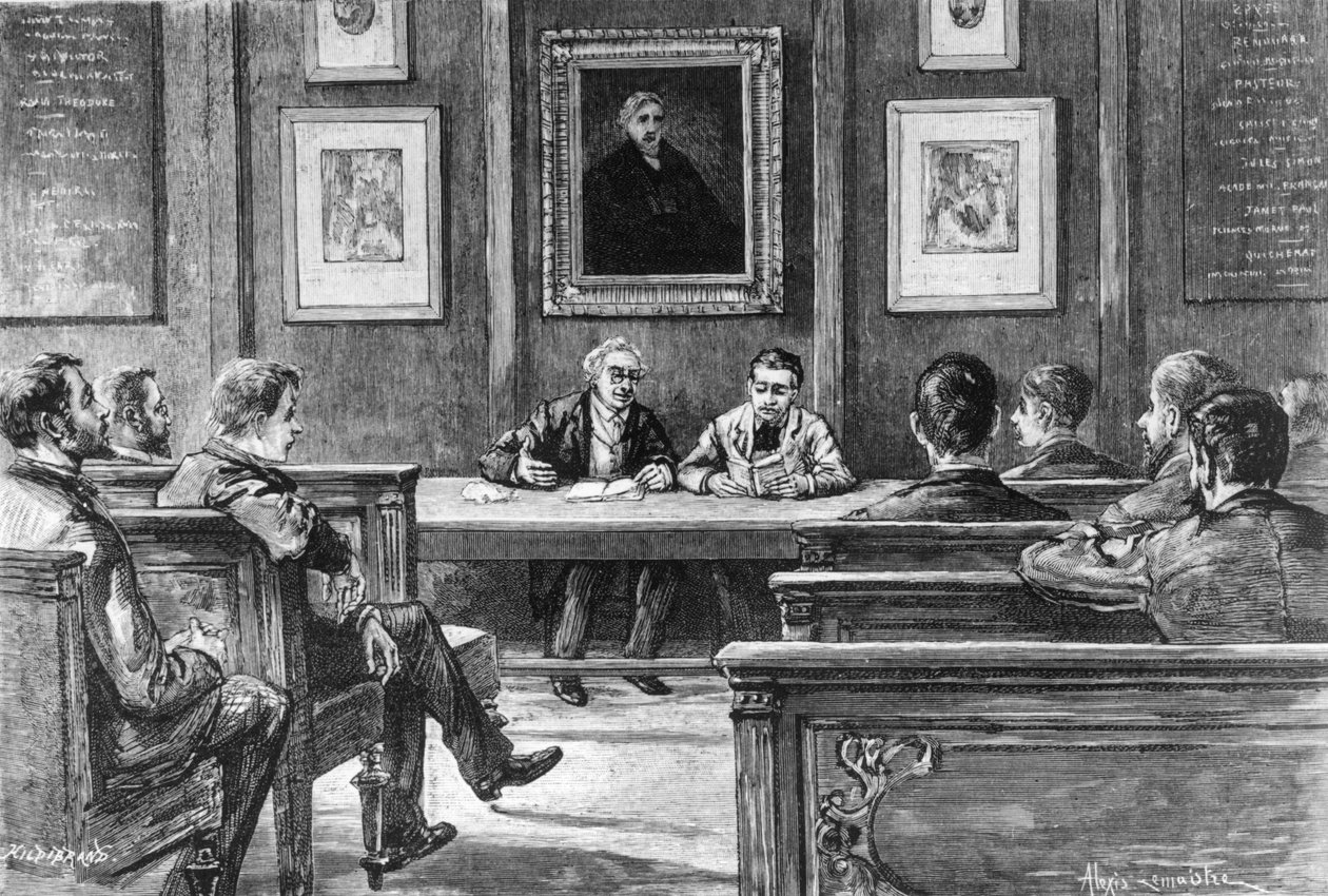 En taleudtaleklasse på Ecole Normale Superieure i Paris, fra Nos Grandes Ecoles af Louis Rousselet, Hachette, Paris, 1888 (bw foto) af Alexis Lemaistre