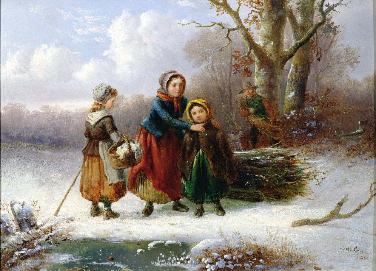 Tre piger i et vinterlandskab, 1865 (par 98604) af Alexis de Leeuw