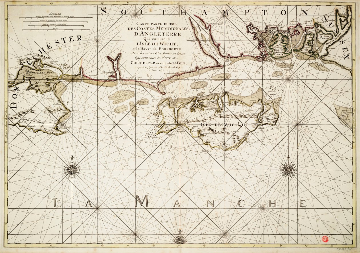 Kort over den engelske kyst, Isle of Wight og havnen i Portsmouth af Alexis Hubert Jaillot