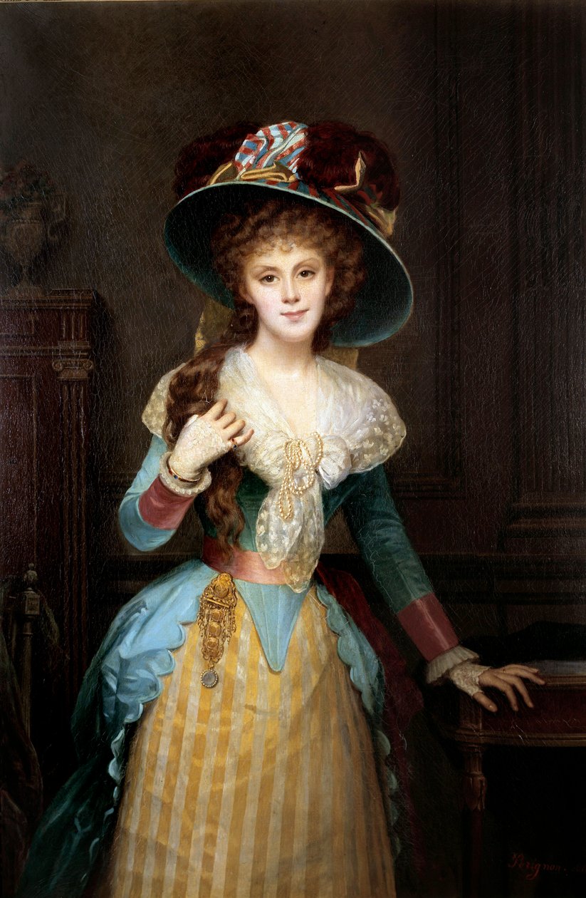 Portræt af kvinde med stor hat, maleri af Alexis Joseph Perignon (1806-1882) Dijon fra det 19. århundrede, Musee des Beaux Arts af Alexis Joseph Perignon