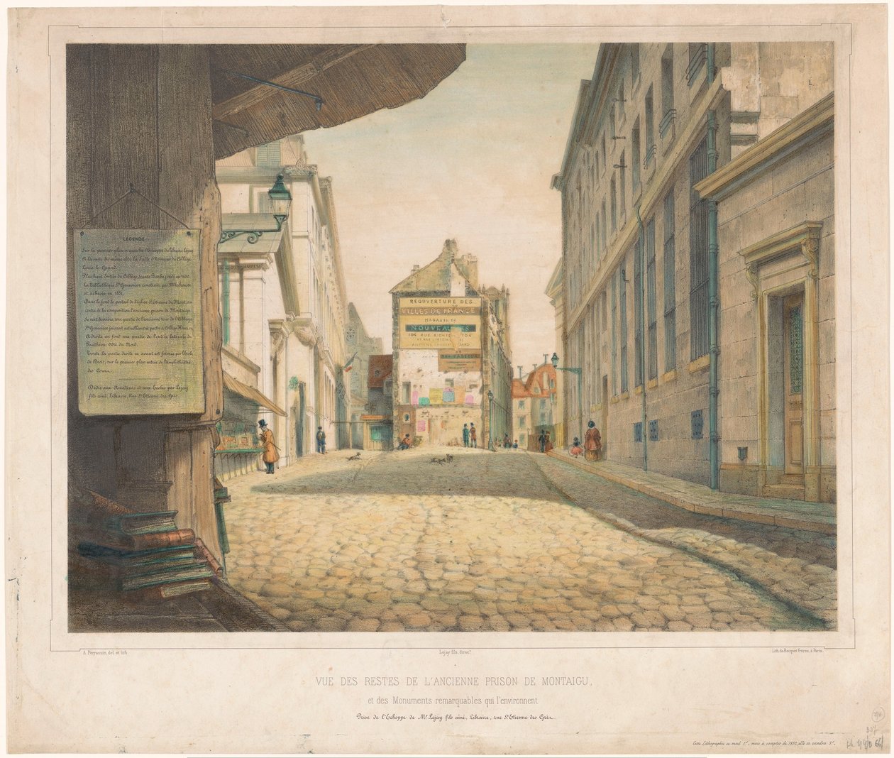 Udsigt på de Rue Saint-Étienne-des-Grès te Paris Udsigt over resterne af det tidligere fængsel i Montaigu og de bemærkelsesværdige monumenter, der omgiver det (titel på objektet) af Alexis Perrassini
