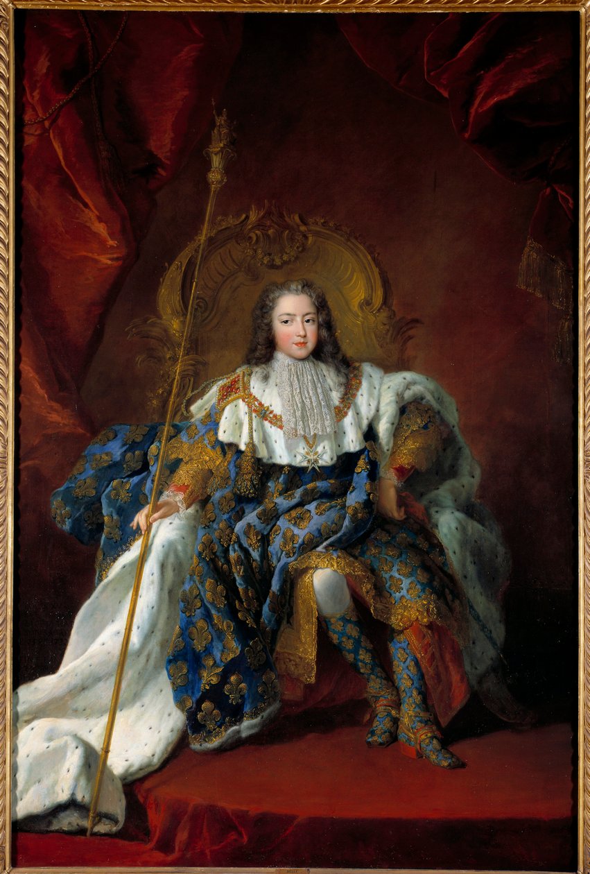 Portræt af Louis XV (1710-1774) barn på sin trone dækket af kostume og attributter af det hellige maleri af Alexis Simon Belle (1674-1734) 1723 Søn. 2,26x1,8 m - Portræt af Ludvig XV (1710-1774), som et barn på sin trone med kroningskjole - Pai af Alexis Simon Belle