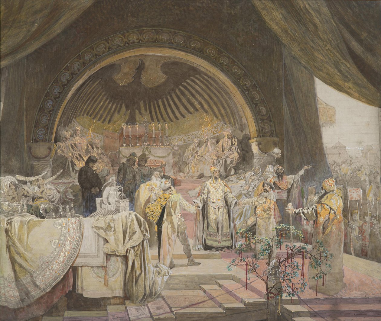 Ottokar II af Bøhmen. Unionen af slaviske dynastier Cyklusen Den slaviske episke skitse. af Alfons Marie Mucha