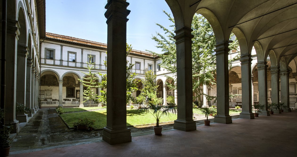 Arkitektur: udsigt over de dødes kloster (chiostro dei Morti, døde kloster) Helligåndens basilika (Basilica di santo spirito) Italien af Alfonso the Younger (attr. to) Parigi