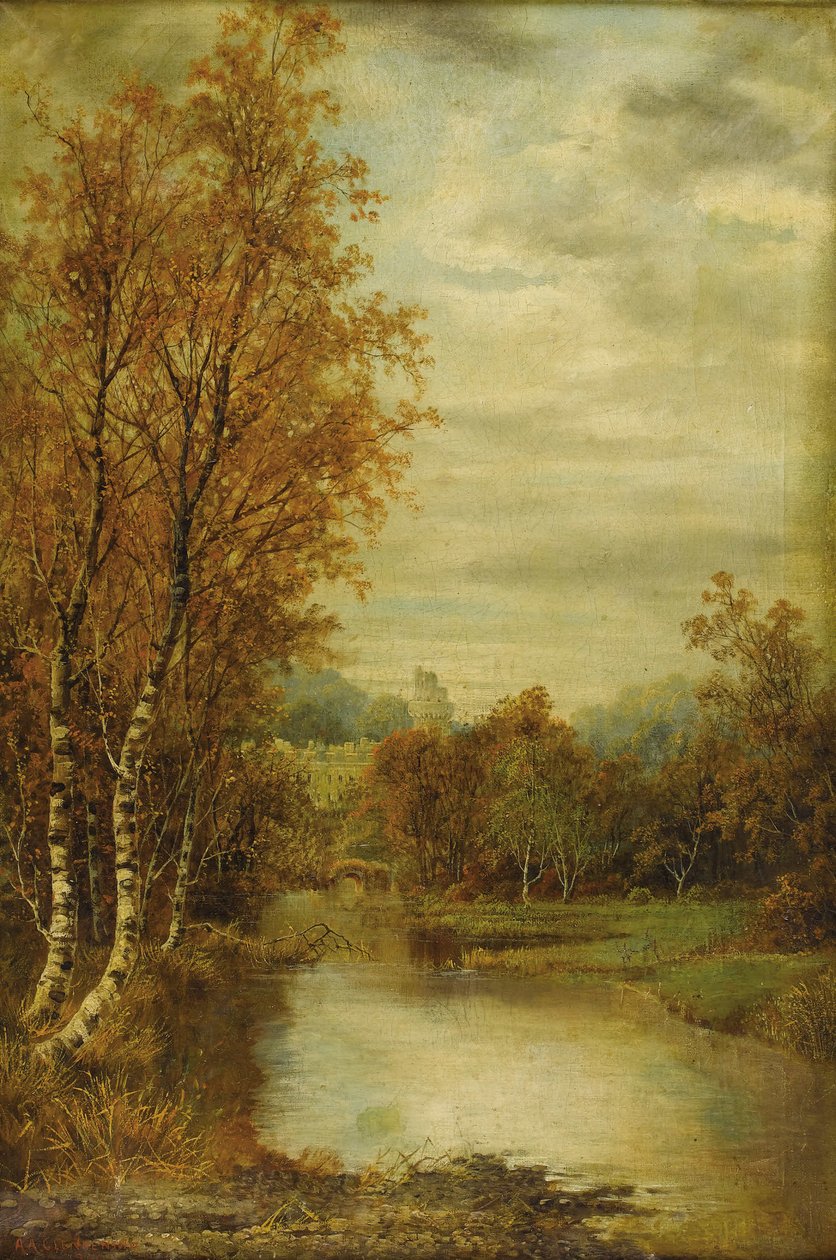 Efterårslandskab med dam og slotstårn af Alfred Augustus Glendening