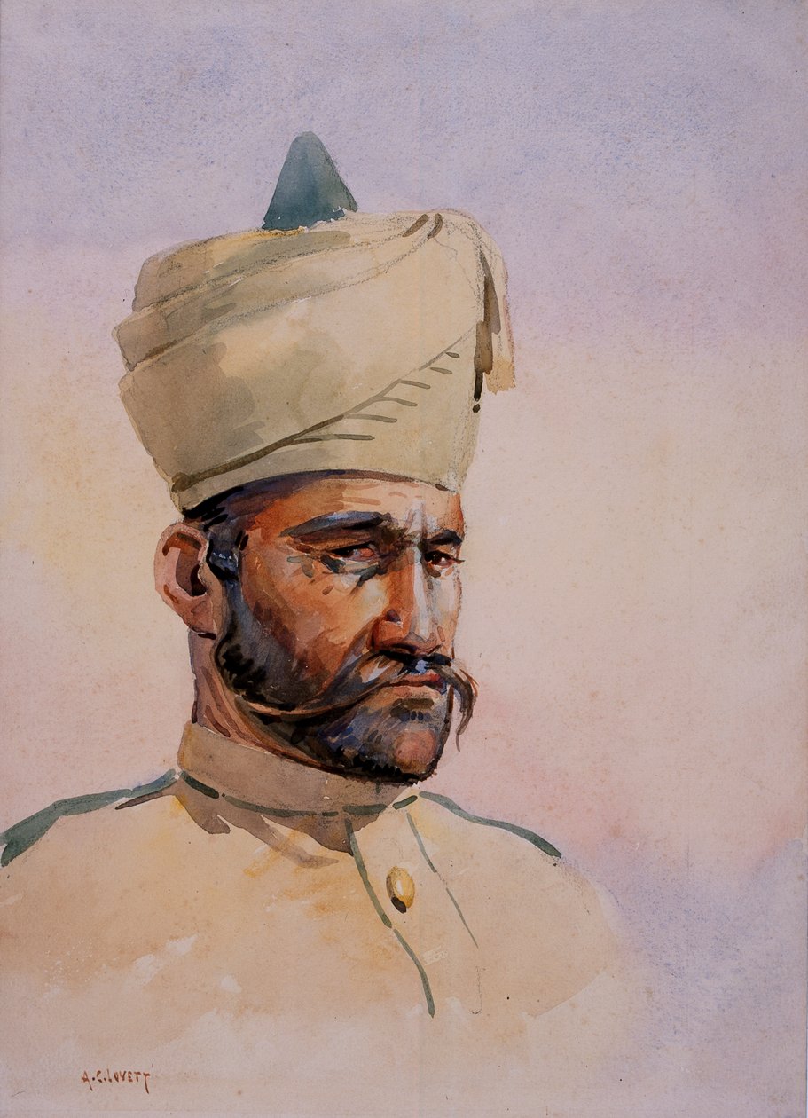Soldat fra 40th Pathans, Malikdin Khel (Afridi), illustration til "Armies of India" af major G.F. MacMunn, udgivet i 1911, 1908 af Alfred Crowdy Lovett
