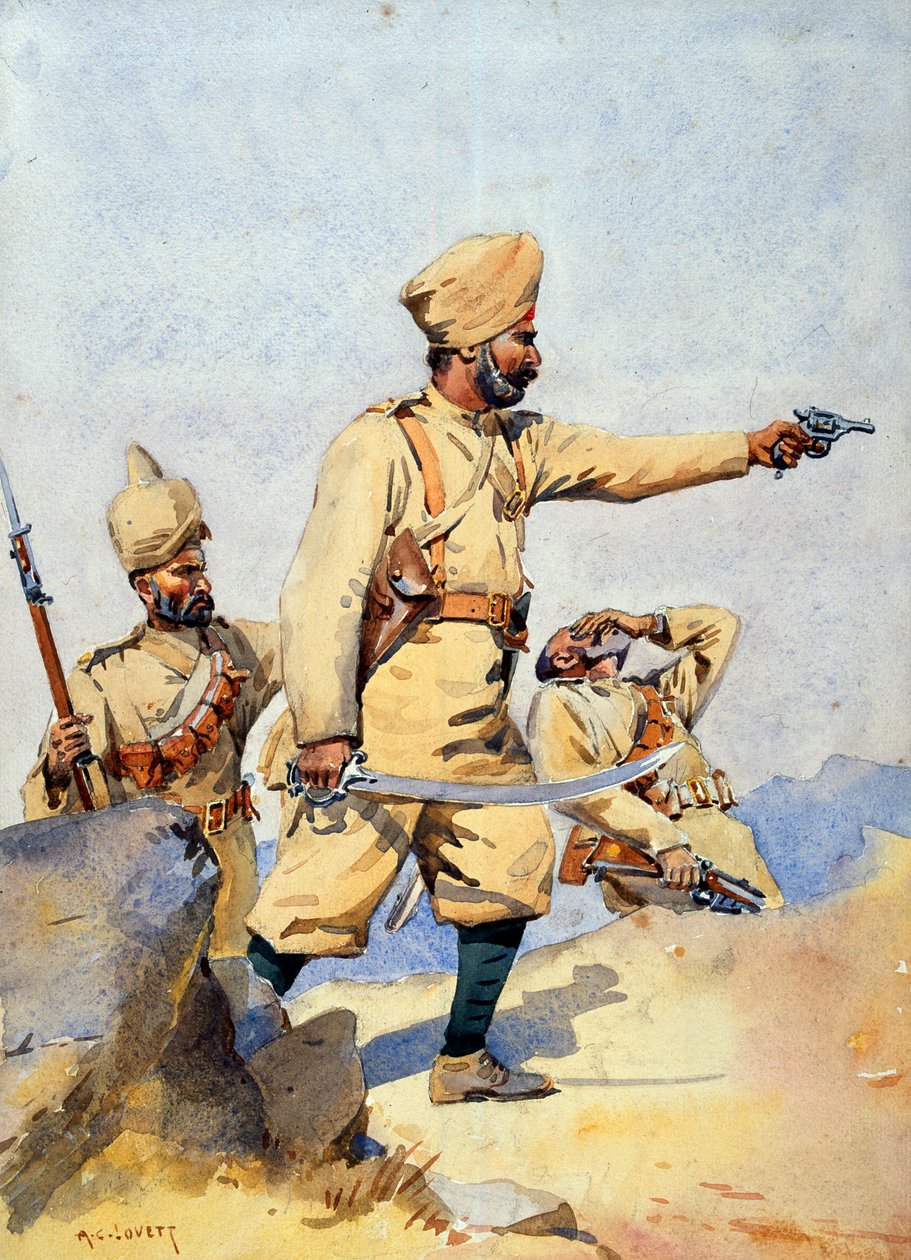 Soldater fra 24. punjabis, Malikdin Khel (Afridi) og Subadar, Jay Sikh, illustration til "Armies of India" af major G.F. MacMunn, udgivet i 1911, 1908 af Alfred Crowdy Lovett