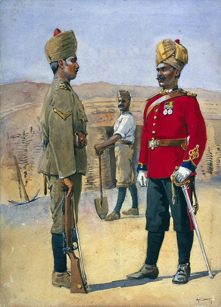 Soldater fra 3. Sappers and Miners Lance, Naik, Brahman af Oudh. Jemadah, Dekhani Mahratti, illustration til 