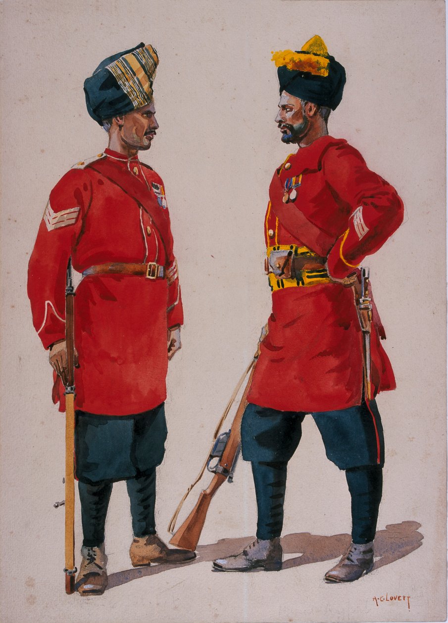 Soldater fra det 5. lette infanteri, Musalman Rajput, og det 6. Jat lette infanteri, Jat Havildars, illustration til "Armies of India" af major G.F. MacMunn, udgivet i 1911, 1908 af Alfred Crowdy Lovett