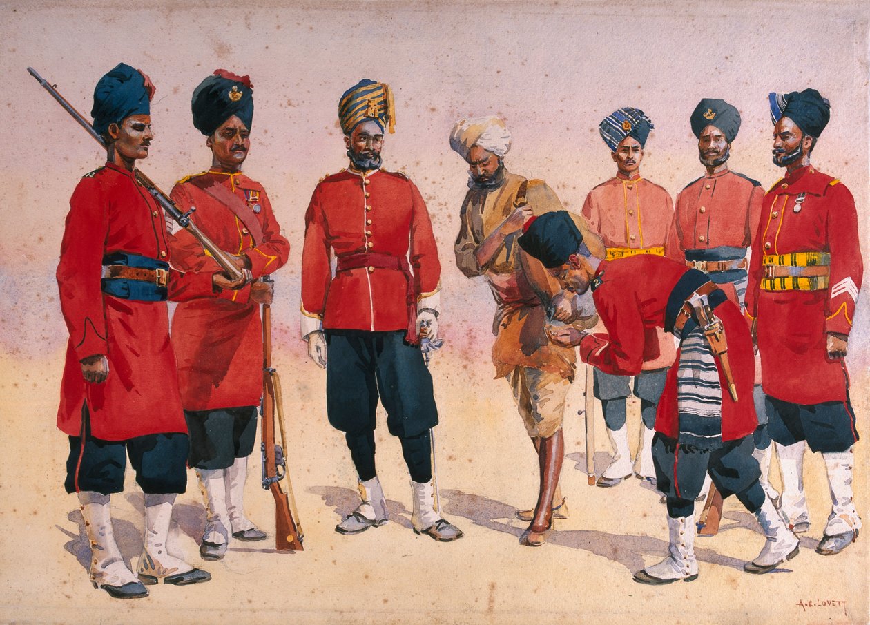 Soldater fra Rajput-regimentet, illustration til "Armies of India" af major G.F. MacMunn, udgivet i 1911, 1908 af Alfred Crowdy Lovett