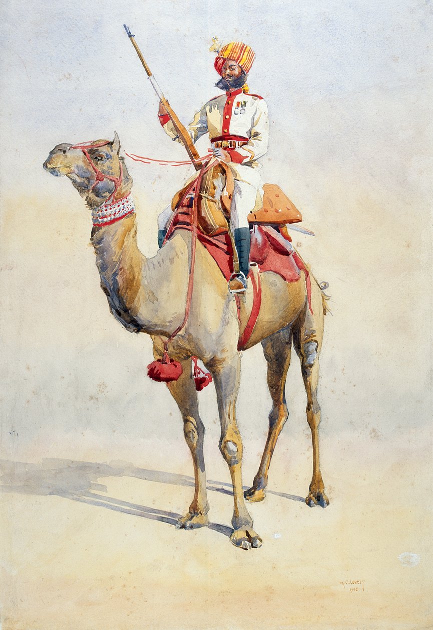 Sowar fra Bikanir kamelkorpset, illustration til "Armies of India" af major G.F. MacMunn, udgivet i 1911, 1908 af Alfred Crowdy Lovett