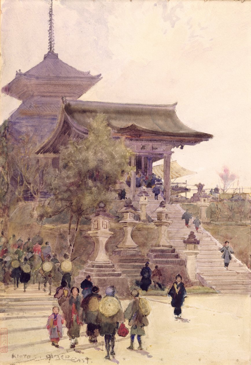 Indgangen til Kiyomizu-Dera-templet, Kyoto, med pilgrimme på vej op af Alfred East