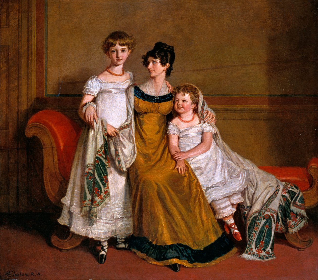 Portræt af en kvinde med to børn i et hjemligt interiør, ca. 1815 af Alfred Edward Chalon