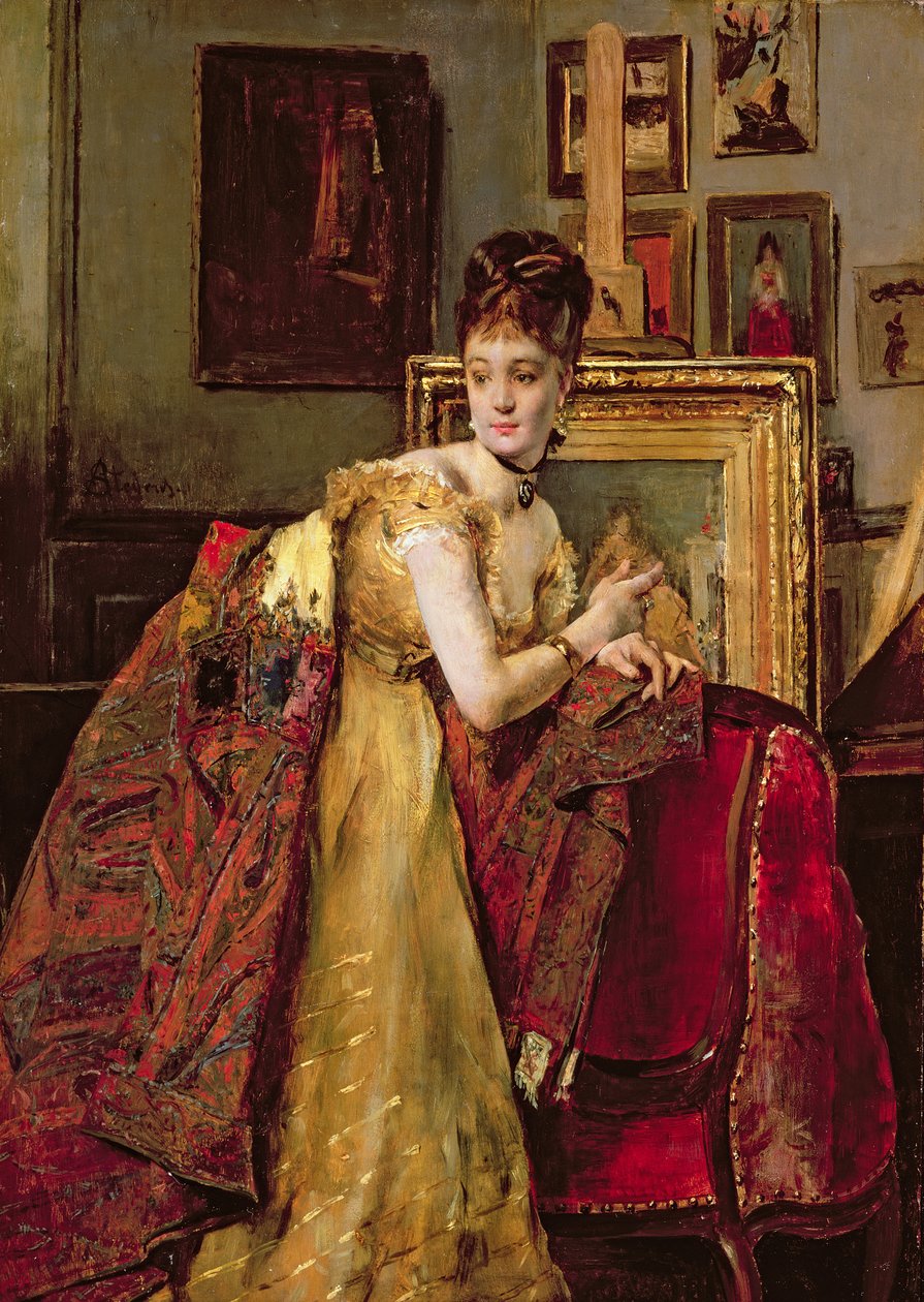 Kvinde med et indisk sjal i et atelier af Alfred Emile Stevens