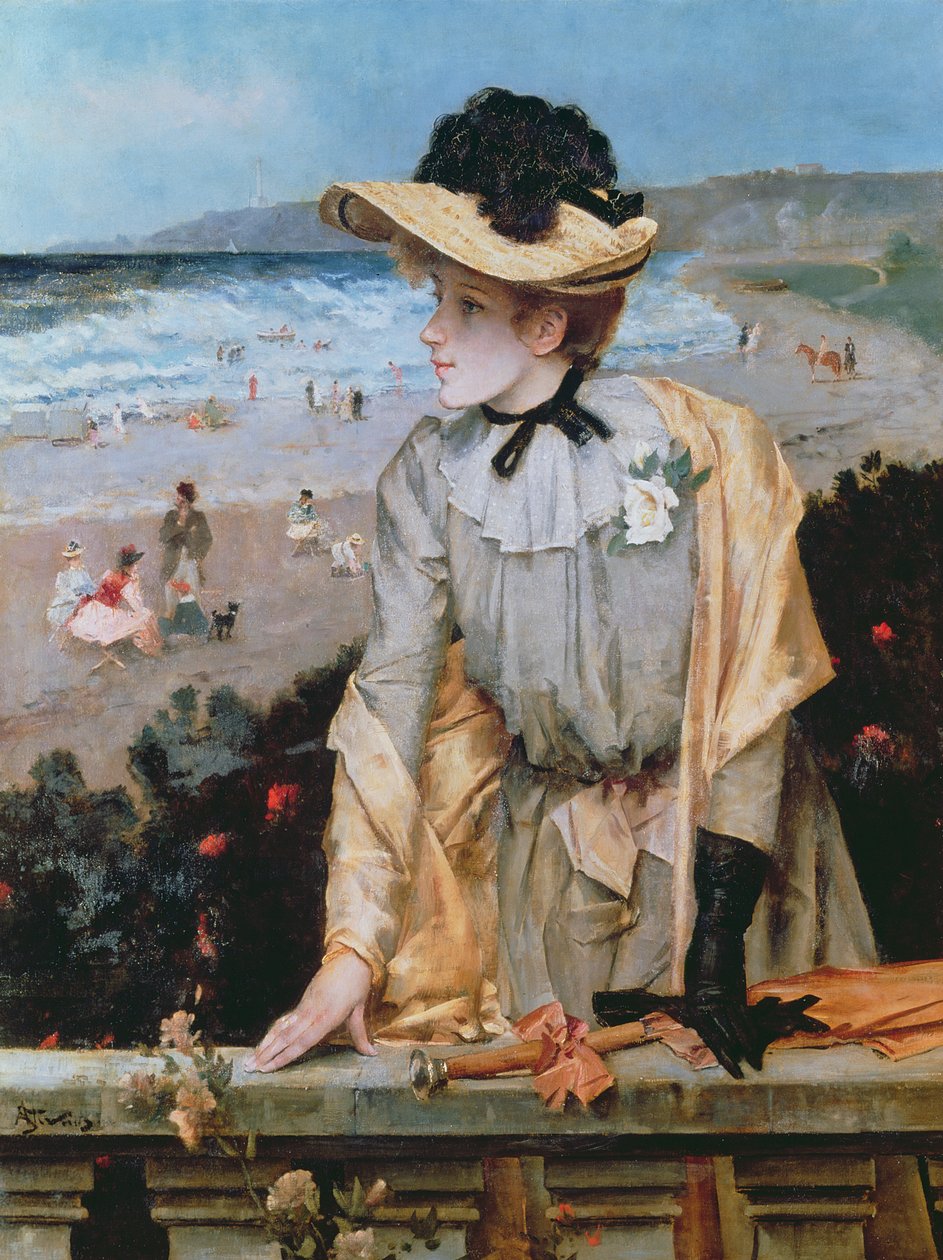 Ung kvinde ved stranden eller Parisienne ved havet af Alfred Emile Stevens