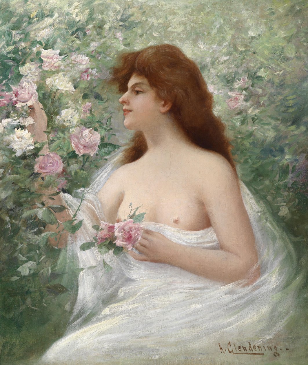 Ung kvinde plukker roser af Alfred, Jr. Glendening