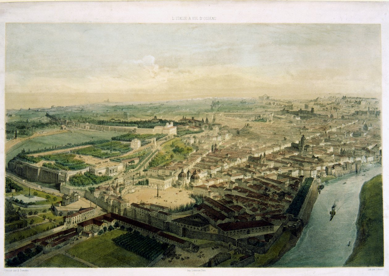 Udsigt over Rom over Porta del Popolo, litografi af J. Arnout af Alfred Guesdon