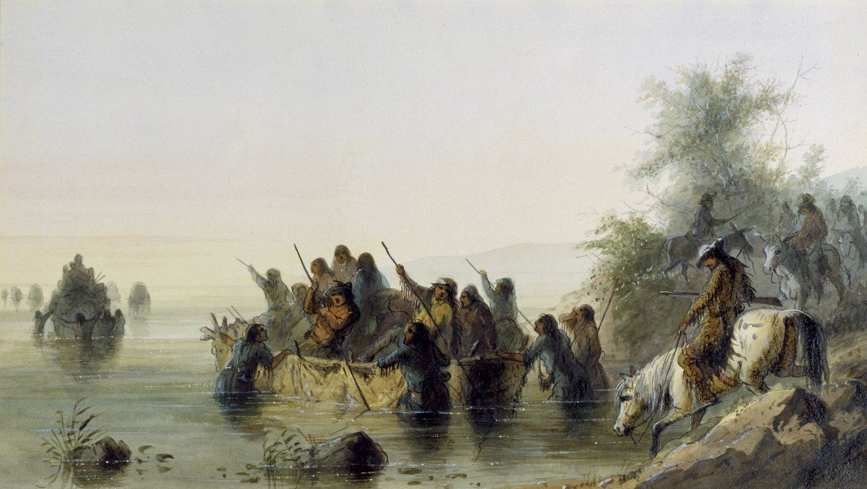 Bull Boating, 1858-60 (wc på papir) af Alfred Jacob Miller