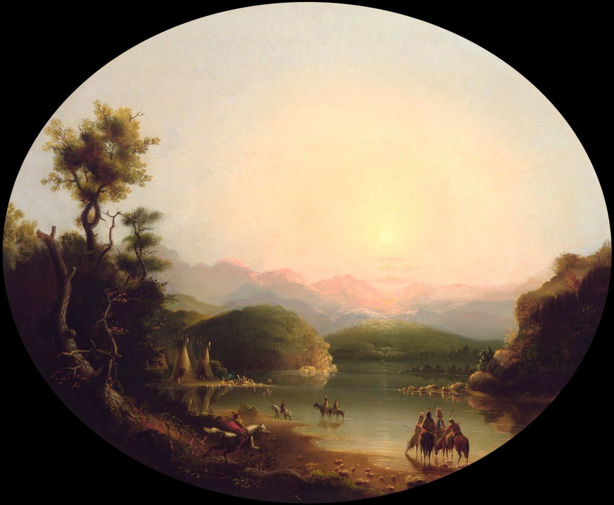 Shoshone -indianere ved en bjergsø (Fremont -søen) af Alfred Jacob Miller
