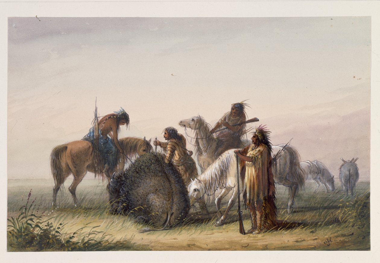 Forsyner lejren med Buffalo Meat, ca. 1858-60 (wc på papir) af Alfred Jacob Miller