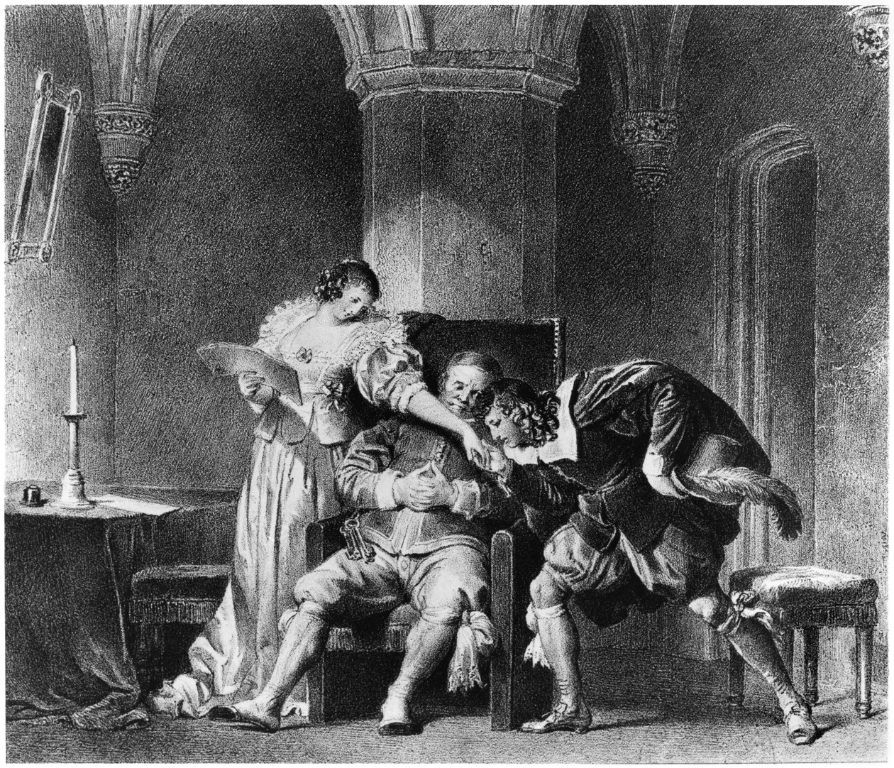 Rosine, Bartholo, Grev Almaviva, illustration fra 